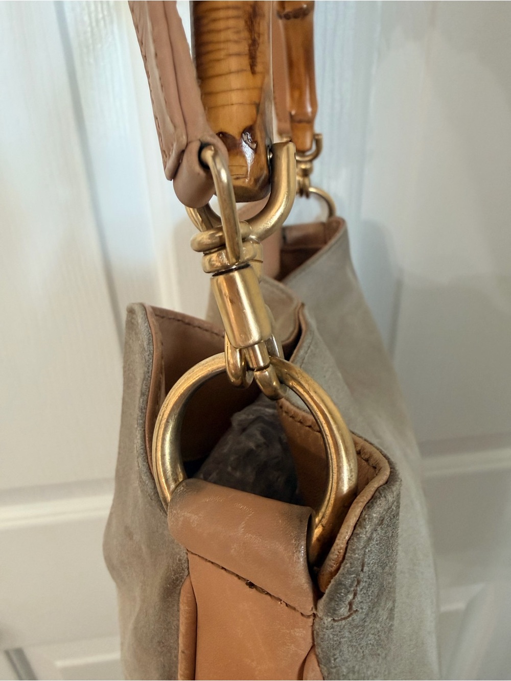Gucci Suede and Tan Leather Shoulder Bag with Bamboo Handle - Picture 7 of 11